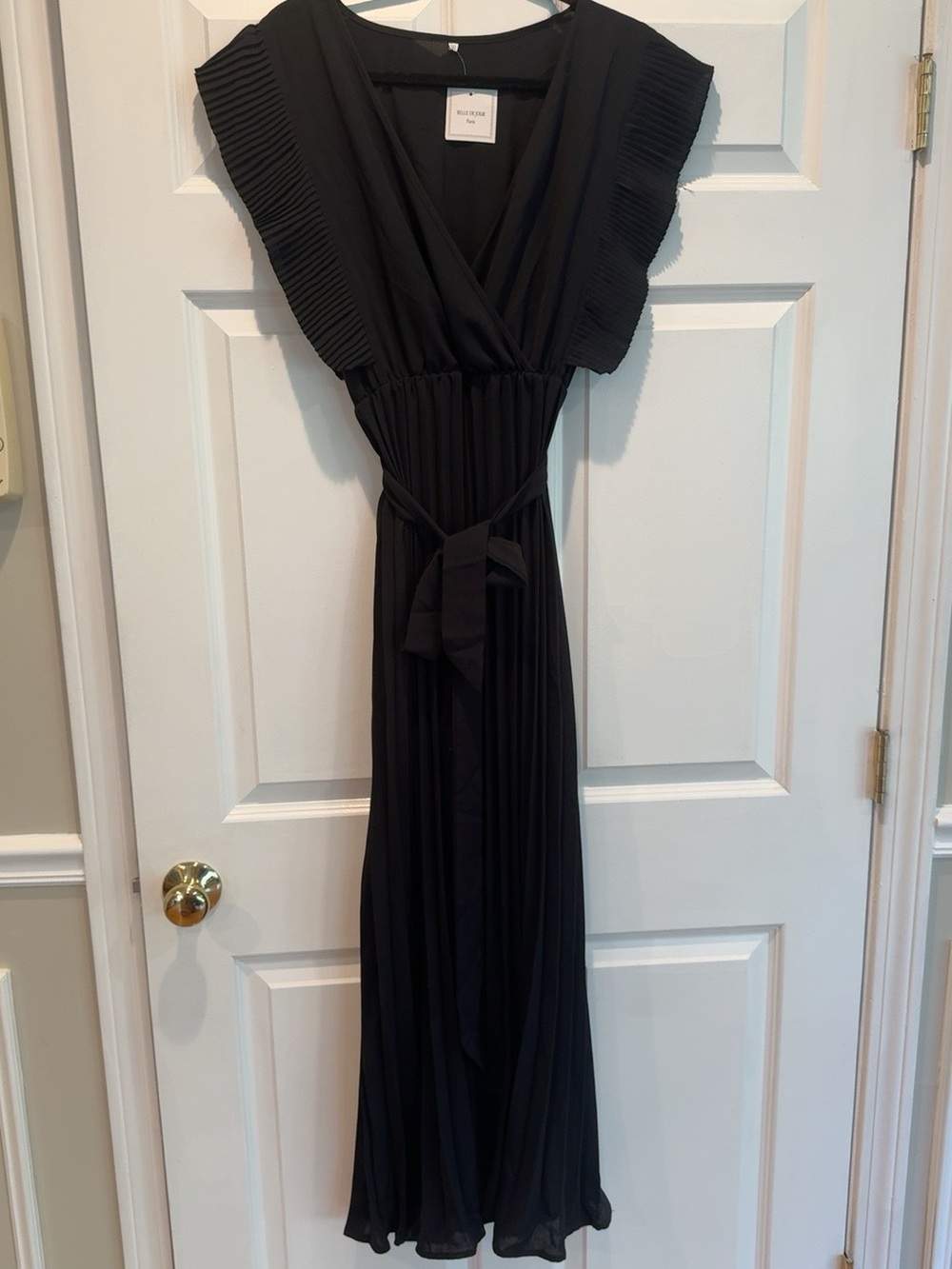 Belle De Jour Paris Black Pleated Maxi Dress 2XL Belted Wrap V Neck NWT